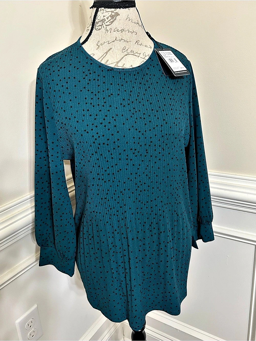 Adrianna Papell Polka Dot Blouse in Dark Green NWT